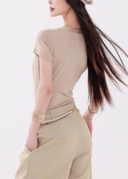 New Light Khaki Wrinkled Lace Cotton T Shirt Bodysuit Tops