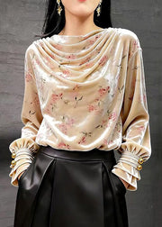 New Light Pink Print Wrinkled Silk Velour T Shirt Fall