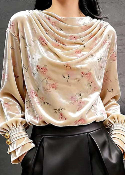 New Light Pink Print Wrinkled Silk Velour T Shirt Fall