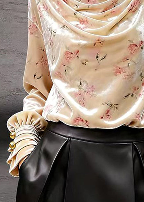 New Light Pink Print Wrinkled Silk Velour T Shirt Fall