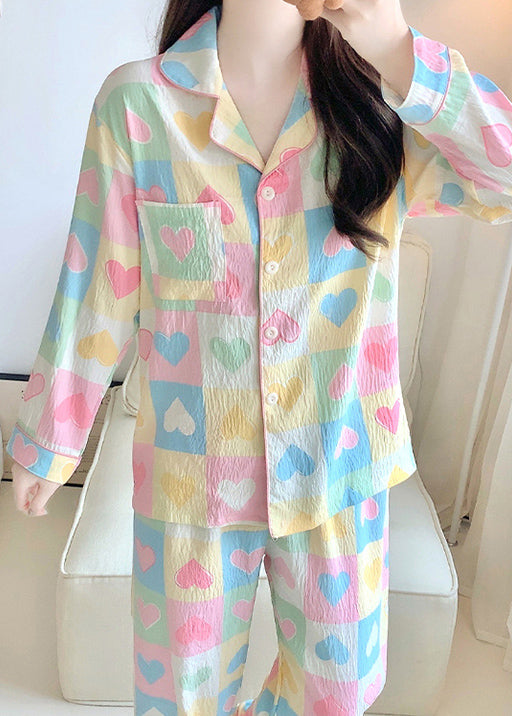 New Loving Heart Plaid Pockets Cotton Pajamas Two Piece Set Fall