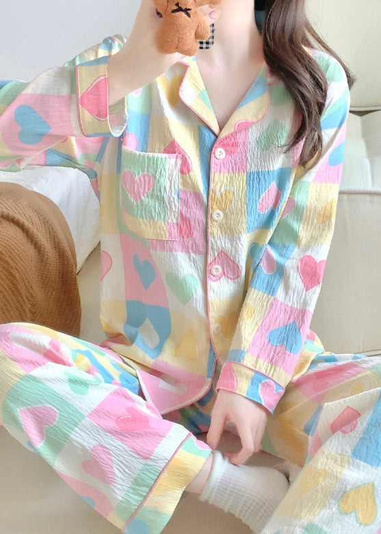 New Loving Heart Plaid Pockets Cotton Pajamas Two Piece Set Fall