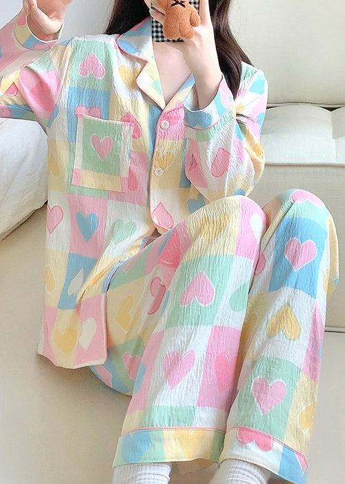 New Loving Heart Plaid Pockets Cotton Pajamas Two Piece Set Fall