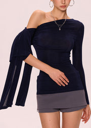 New Navy Asymmetrical Cold Shoulder Cotton T Shirt Fall