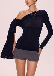 New Navy Asymmetrical Cold Shoulder Cotton T Shirt Fall