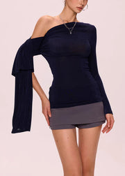 New Navy Asymmetrical Cold Shoulder Cotton T Shirt Fall