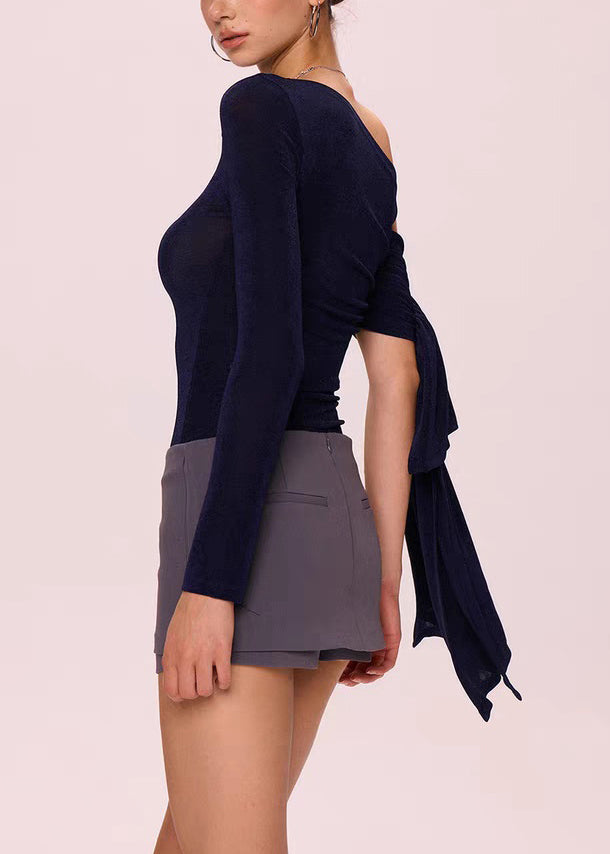New Navy Asymmetrical Cold Shoulder Cotton T Shirt Fall