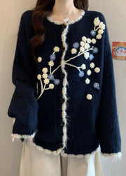 New Navy Embroidered Button Knit Cardigan Fall