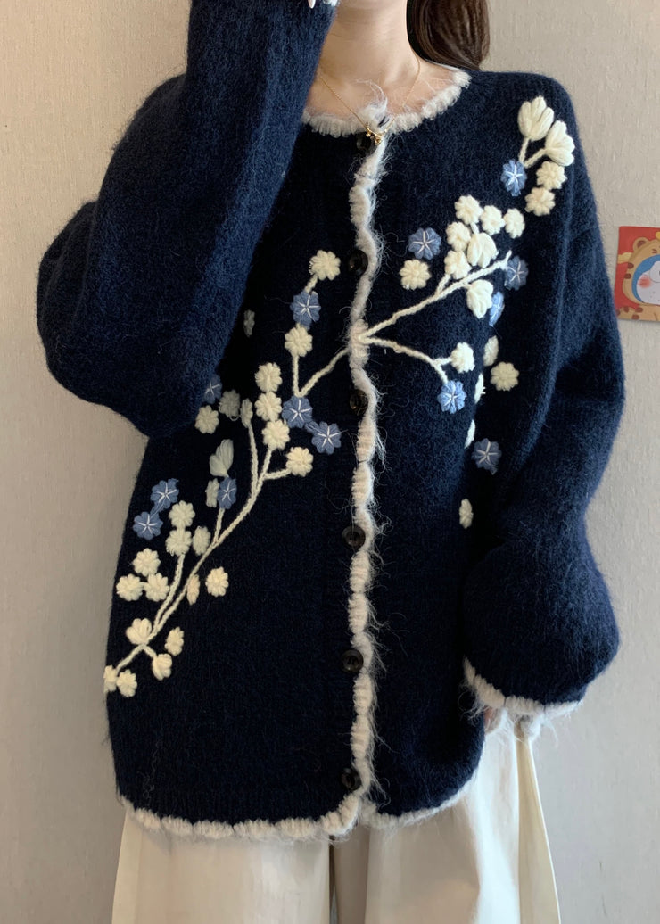 New Navy Embroidered Button Knit Cardigan Fall