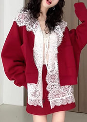New Navy Hooded Lace Shirts Coat And Skirts Cotton Three Pieces Set Fall