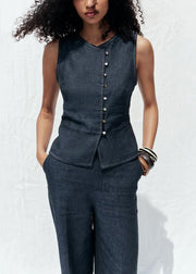 New Navy O Neck Button Tops And Crop Pants Denim Two Pieces Set Sleeveless