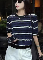 New Navy O Neck Striped Knit Tops Summer