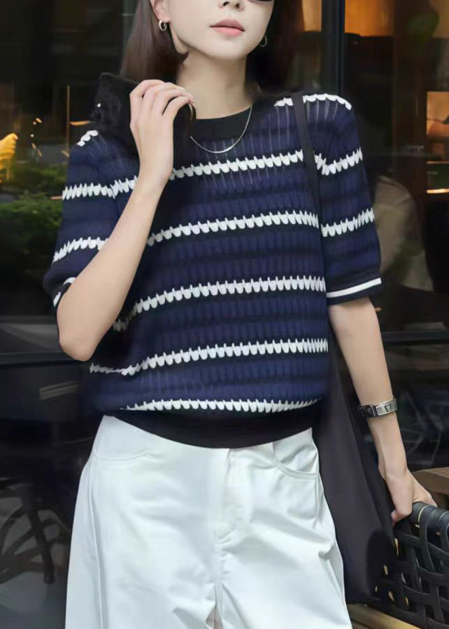 New Navy O Neck Striped Knit Tops Summer