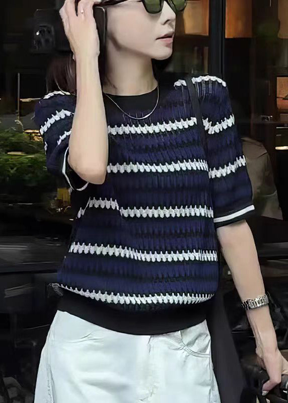 New Navy O Neck Striped Knit Tops Summer