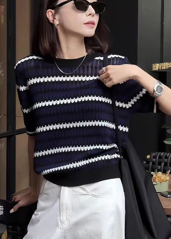 New Navy O Neck Striped Knit Tops Summer