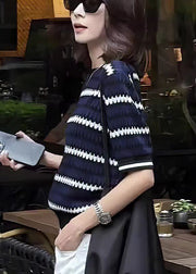 New Navy O Neck Striped Knit Tops Summer