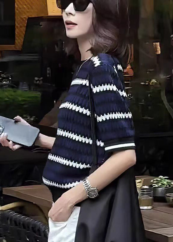 New Navy O Neck Striped Knit Tops Summer