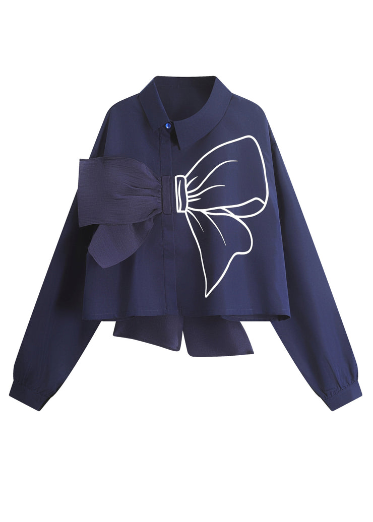 New Navy Peter Pan Collar Bow Cotton Blouses Fall