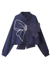 New Navy Peter Pan Collar Bow Cotton Blouses Fall