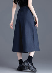 New Navy Pockets Elastic Waist Linen Crop Pants Summer