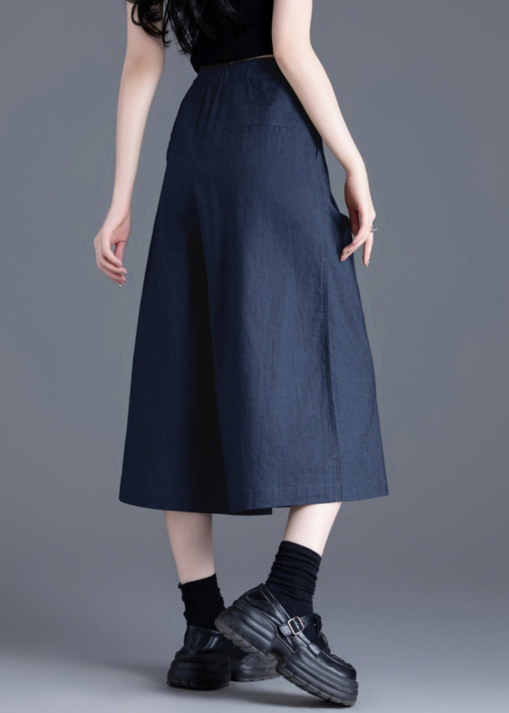 New Navy Pockets Elastic Waist Linen Crop Pants Summer