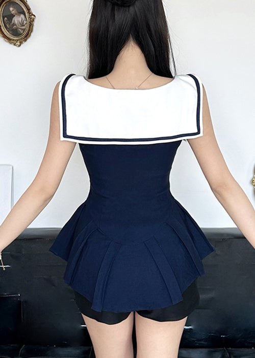New Navy Square Collar Button Cotton Mini Dresses Sleeveless