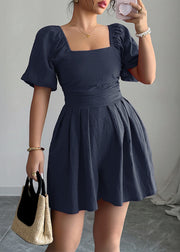 New Navy Square Collar Puff Sleeve Wrinkled Cotton Mid Dresses
