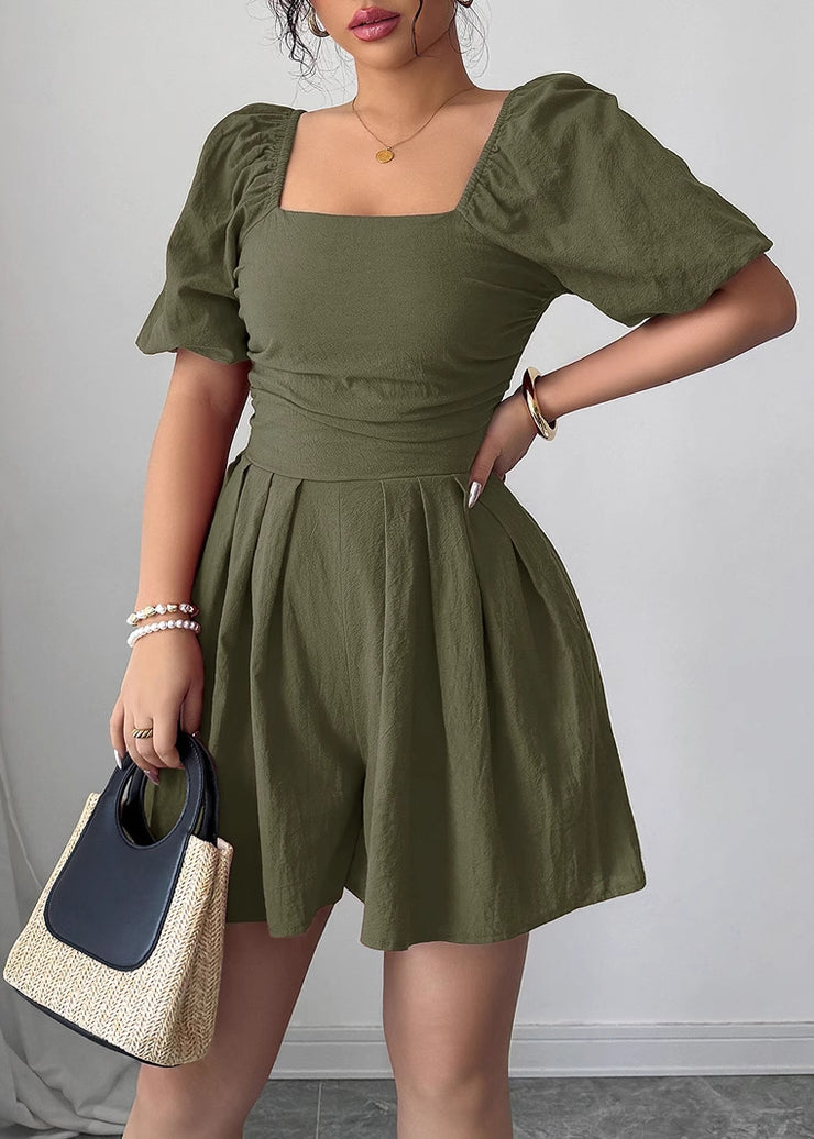 New Navy Square Collar Puff Sleeve Wrinkled Cotton Mid Dresses