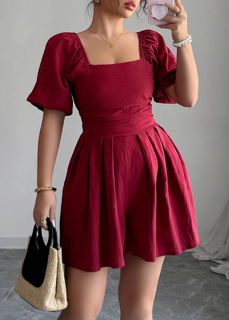 New Navy Square Collar Puff Sleeve Wrinkled Cotton Mid Dresses