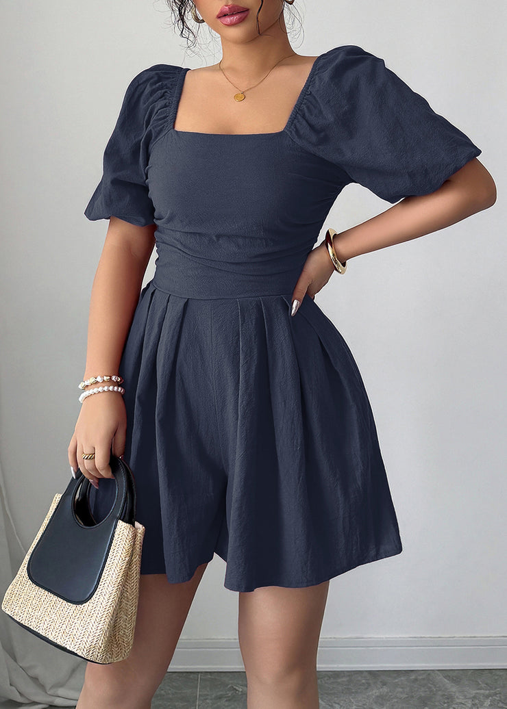 New Navy Square Collar Puff Sleeve Wrinkled Cotton Mid Dresses