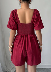 New Navy Square Collar Puff Sleeve Wrinkled Cotton Mid Dresses