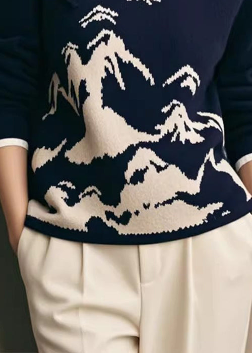 New Navy Stand Collar Landscape Knit Sweater Winter