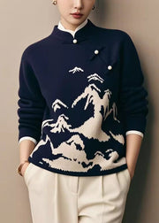 New Navy Stand Collar Landscape Knit Sweater Winter