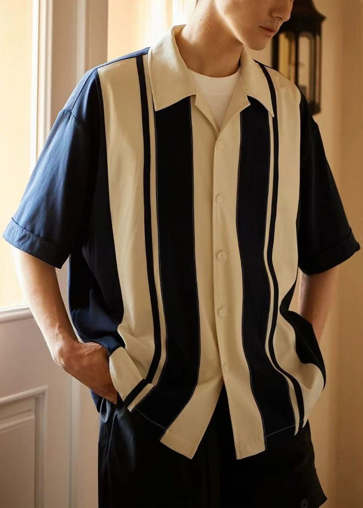 New Navy Striped Button Cotton Mens Shirts Summer
