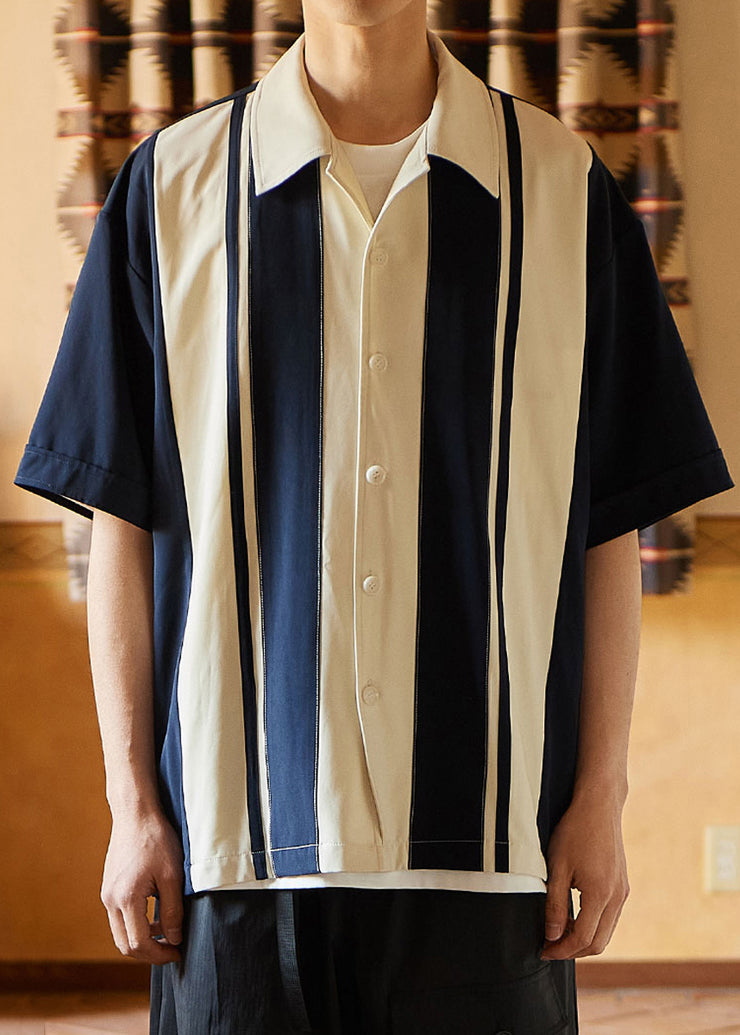 New Navy Striped Button Cotton Mens Shirts Summer