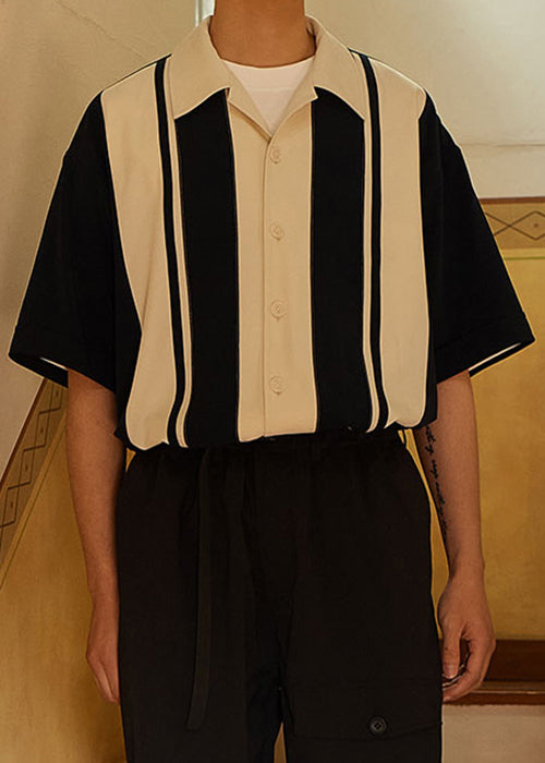 New Navy Striped Button Cotton Mens Shirts Summer
