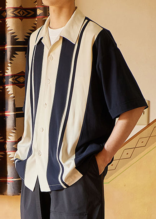 New Navy Striped Button Cotton Mens Shirts Summer