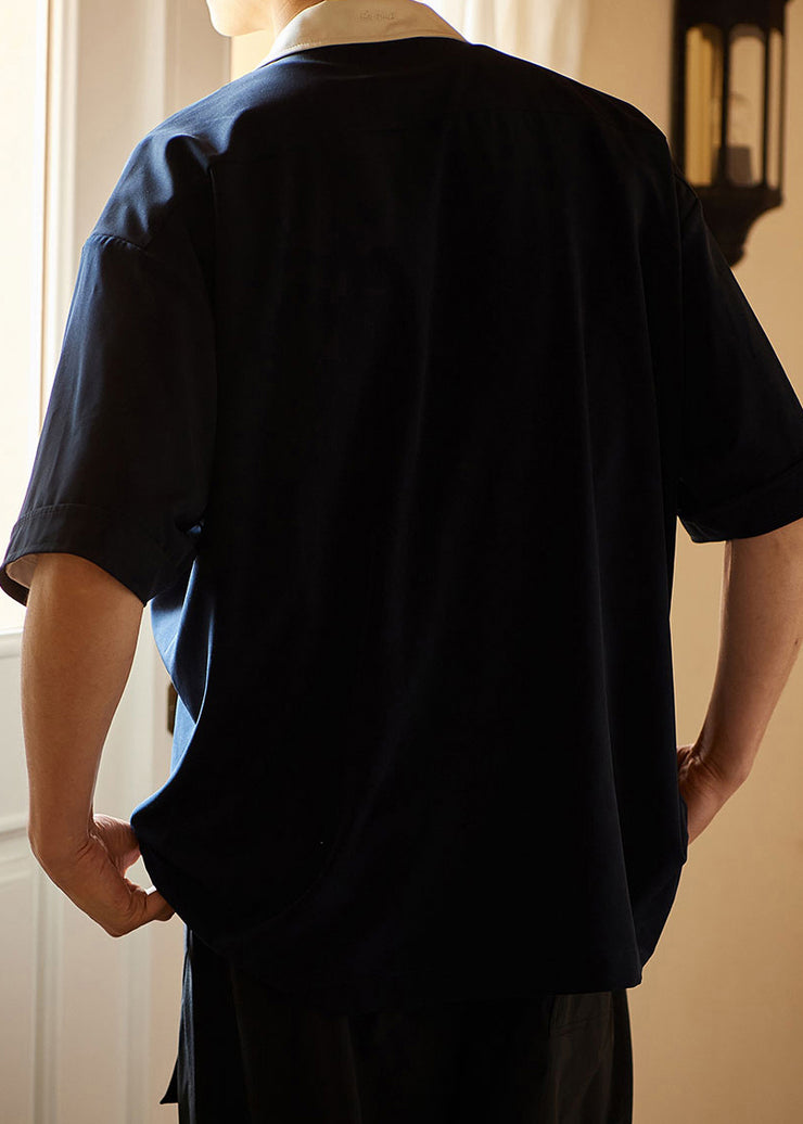 New Navy Striped Button Cotton Mens Shirts Summer