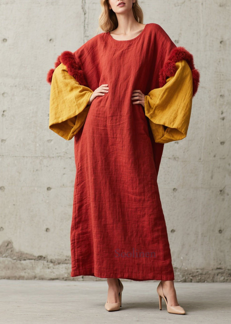 New O Neck Fuzzy Fur Fluffy Patchwork Cotton Dresses Fall