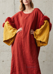 New O Neck Fuzzy Fur Fluffy Patchwork Cotton Dresses Fall