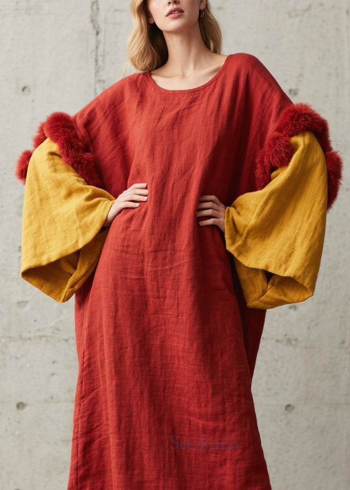 New O Neck Fuzzy Fur Fluffy Patchwork Cotton Dresses Fall