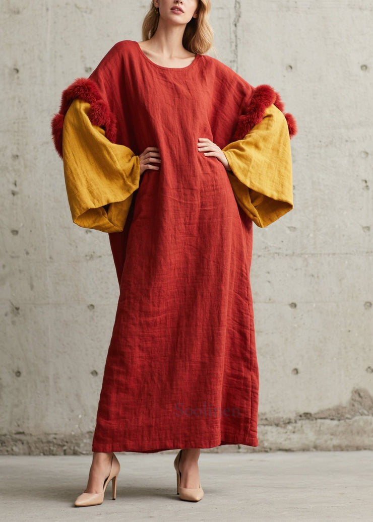 New O Neck Fuzzy Fur Fluffy Patchwork Cotton Dresses Fall