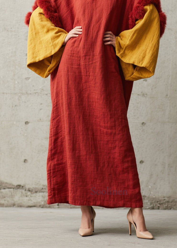 New O Neck Fuzzy Fur Fluffy Patchwork Cotton Dresses Fall