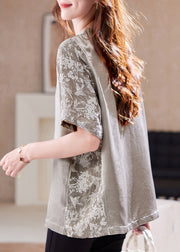 New O Neck Jacquard Patchwork Cotton T Shirt Top Summer