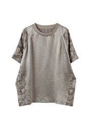 New O Neck Jacquard Patchwork Cotton T Shirt Top Summer