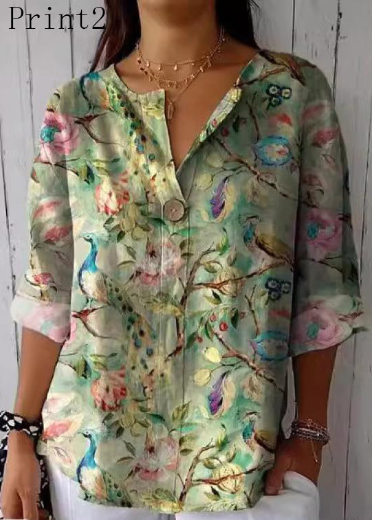 New O-Neck Print Button Cotton Shirt Spring