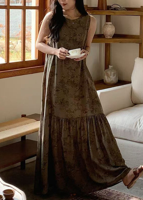 New O Neck Print High Waist Cotton Pajamas Maxi Dresses Sleeveless