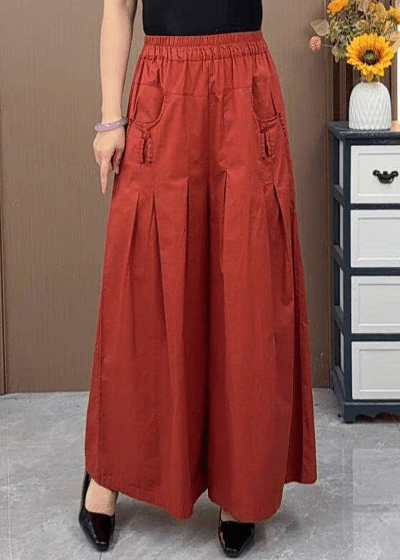 New Orange Pockets Elastic Waist Cotton Wide Leg Pants Fall