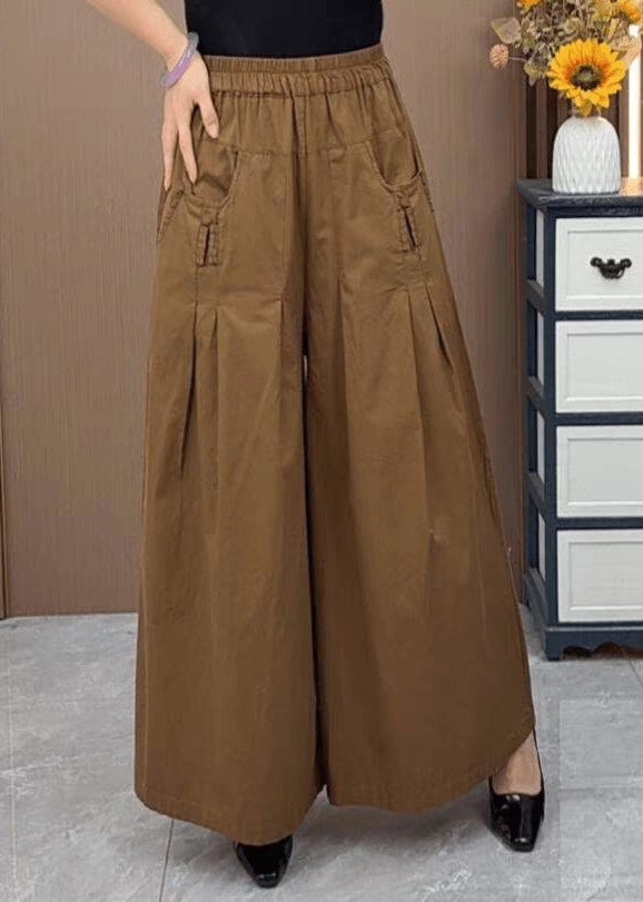 New Orange Pockets Elastic Waist Cotton Wide Leg Pants Fall