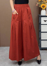 New Orange Pockets Elastic Waist Cotton Wide Leg Pants Fall